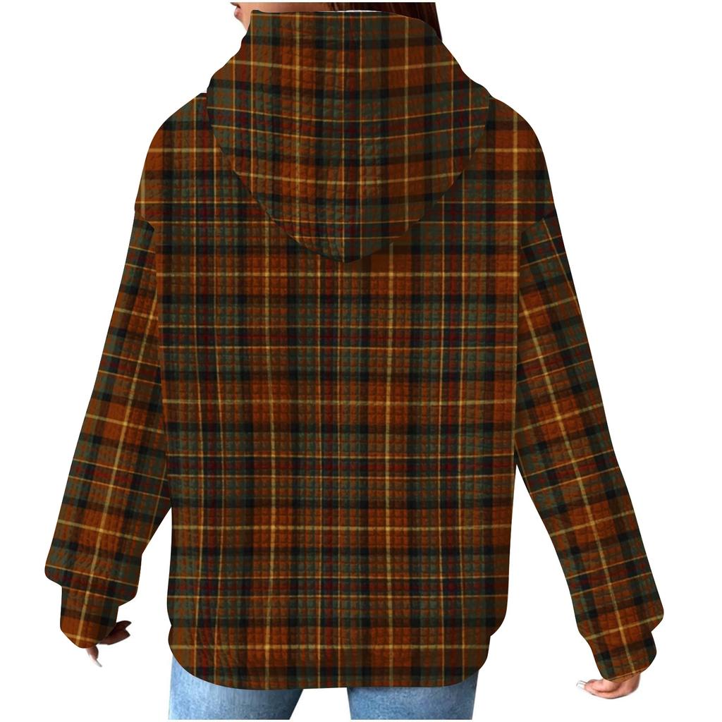 Women's Fashion Loose Hooded Pullover Long Sleeve Plaid Sweatshirt with Drawstring Drop Shoulder and Pocket Print Top