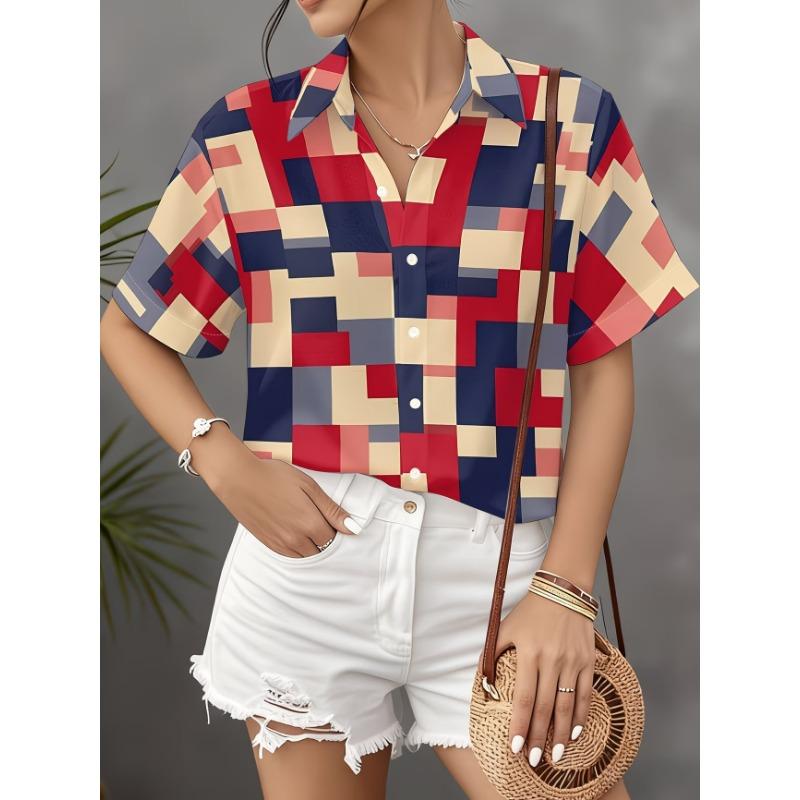Simple and Personalized Love Print Summer Women's Plus Size Lapel Short Sleeved Shirt Fashionable Daily Versatile Casual Top