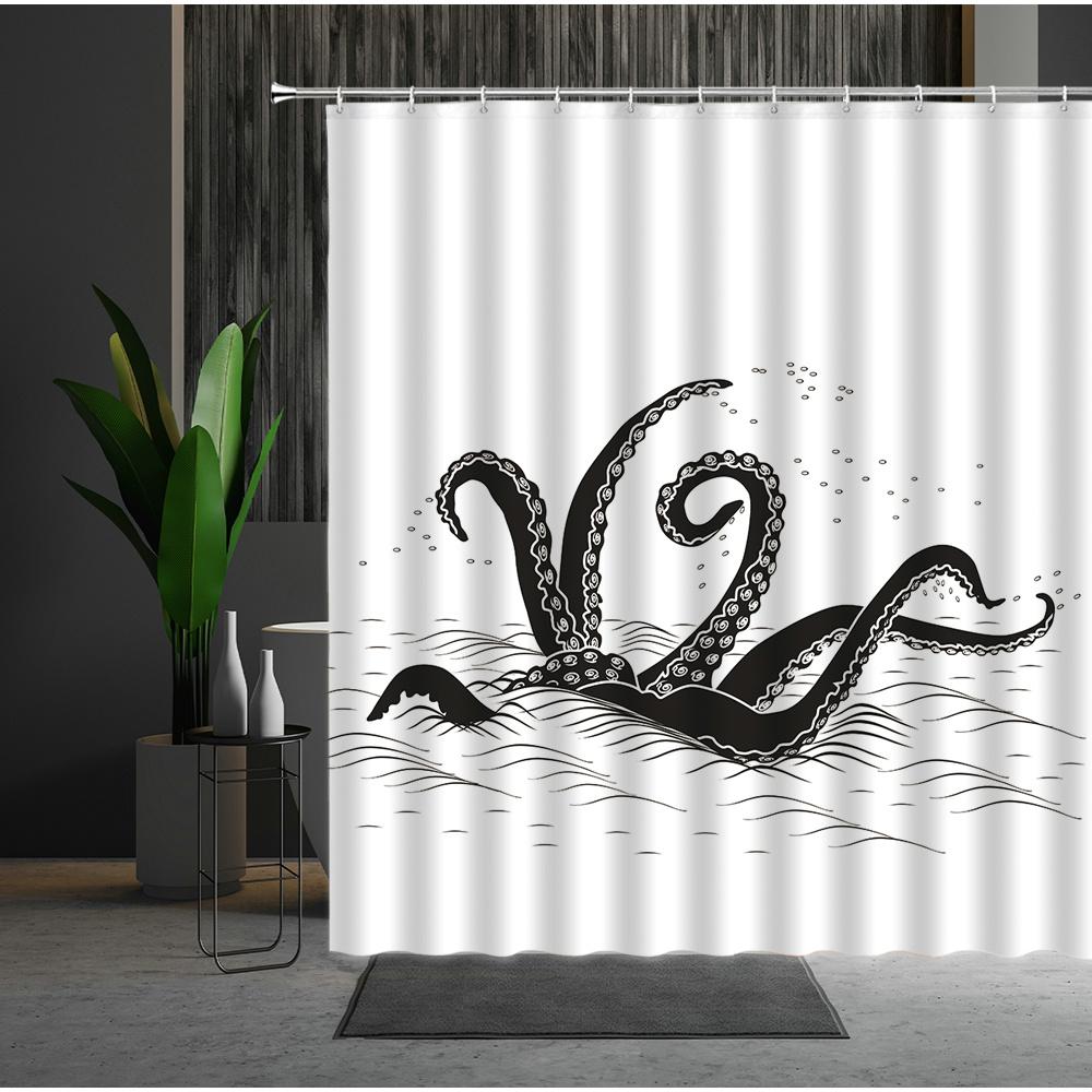 Funny Sea Monster Octopus Shower Curtain Marine Organism Tentacle Black And White Style Bath Curtains Bathroom Decor Fabric Hook