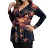 Women's Plus Size Shirt Long Sleeve  Print Top Pleated Casual V-Neck Top