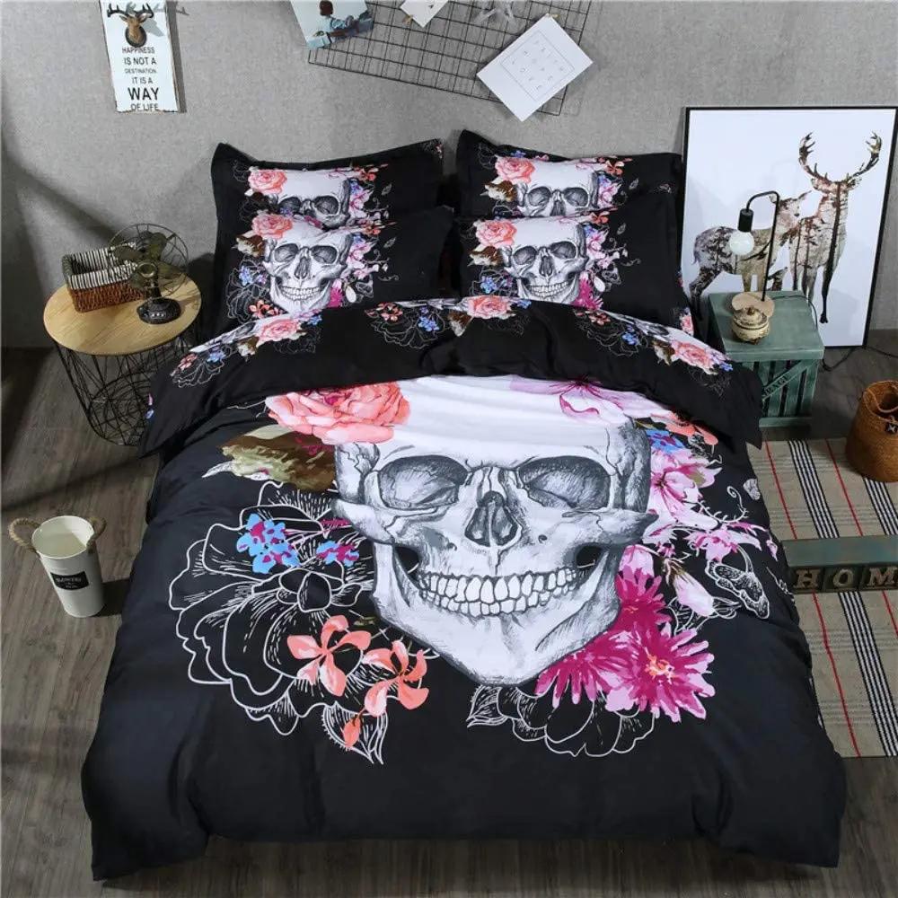 Ensemble Housse de Couette Bohème Fleur Crâne 3D Microfibre Roses Floral et Squelette 2 Pièces