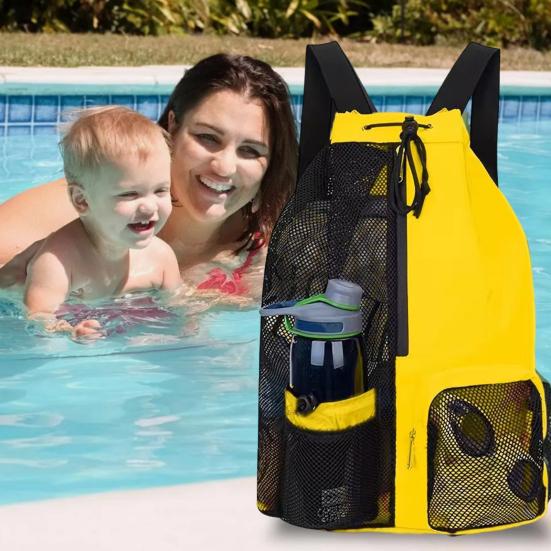 Mesh Beach Backpack with Wet Pocket Large Capacity Drawstring Swim Bag for Pool Swimming Gym Workout Gear