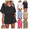 Women's 2 Piece Solid Color Racksuit Short Sleeve Casual Shorts Set V Neck Beach Outfits