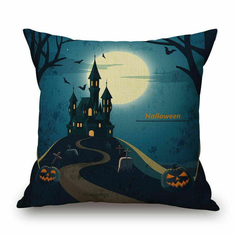Halloween Witch Castle Linen Throw Pillow Case With Invisible Zipper And Pumpkin Pattern