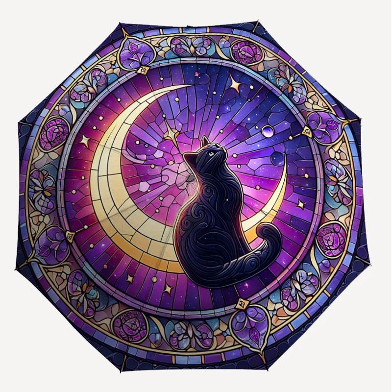 1PC stained glass window moon cat Umbrella-8-Rib Reinforced, Automatic Open, Lightweight & Durable, Cute Fashion Accessory for Outdoor, Beach or Casua
