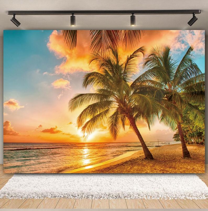 Tropical Beach Backdrop for Photography Summer Hawaii Blue Ocean Wave Seaside Palm Tree Kid Holiday Party Photo Background Decor