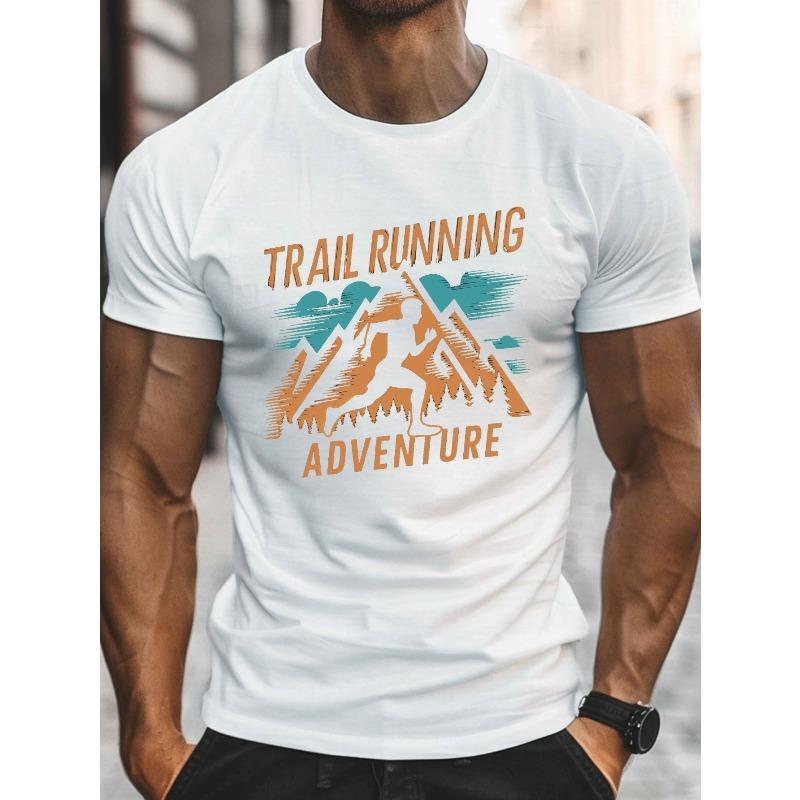 European Size Men'S Trail Running Adventure Graphic Tee, Casual Crew Neck Short Sleeve T-Shirt, 100% Cotton Knit Fabric, Slight Stretch