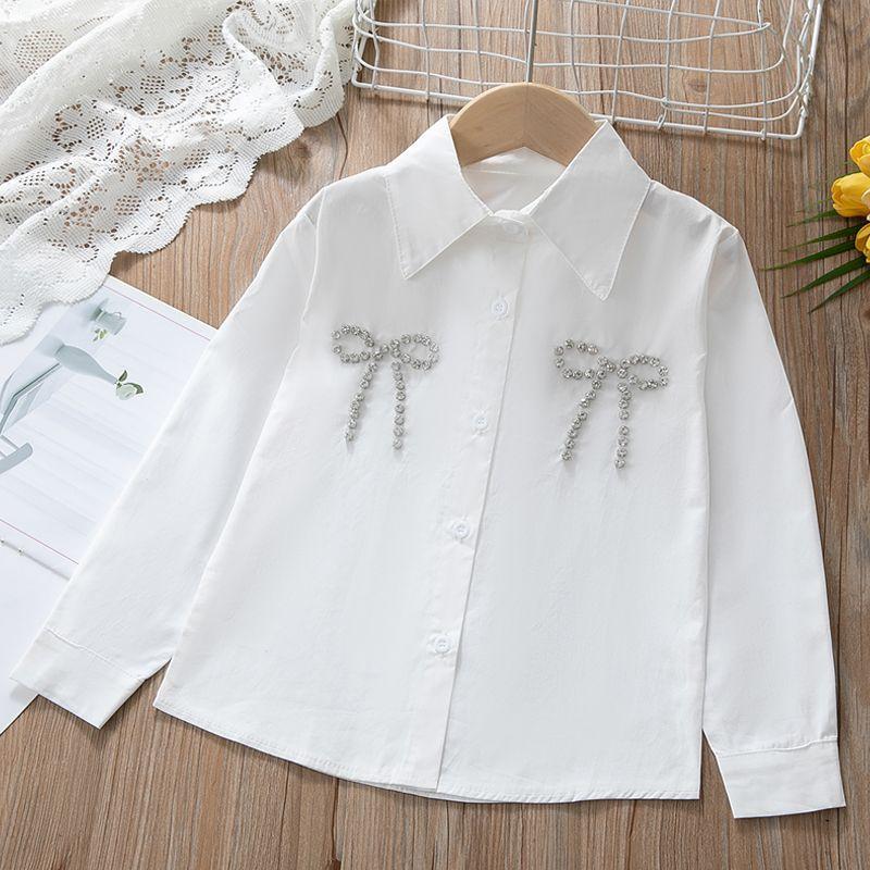 Girls' Long-Sleeve Shirt: Children's Preppy-Style 100% Cotton White Collared Shirt