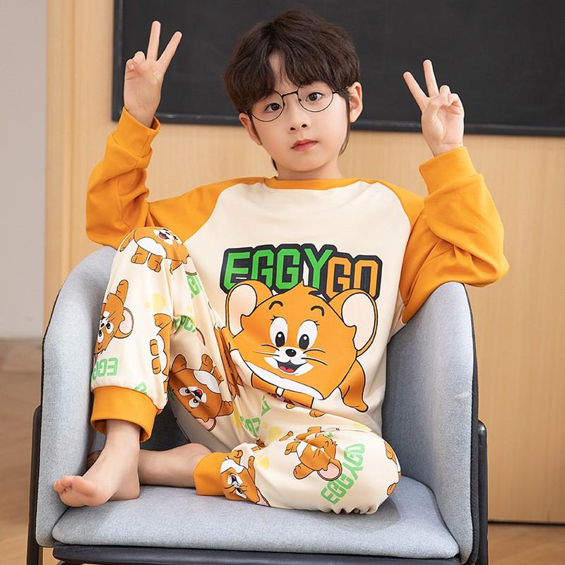 Boys Cotton Pajama Set Long Sleeve Cartoon Print Sleepwear Kids Teens Home Wear