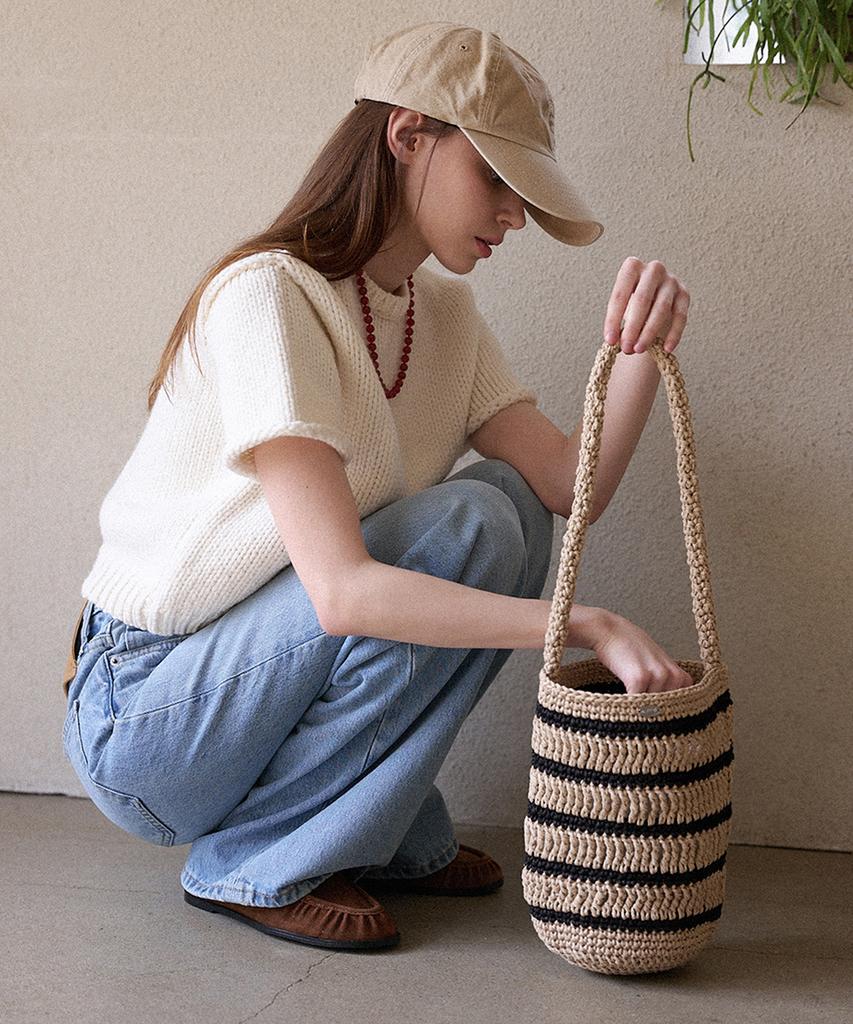 Slowslowly Moroccan Handmade Crochet Stripe Bucket Bag _ Beige