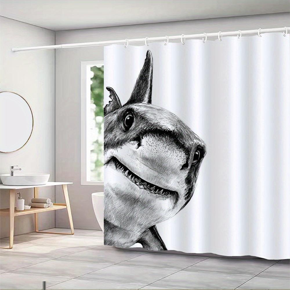 Realistic Shark Grin Shower Curtain – Black & White Marine Scene Decor, 12 Hooks, 70.8×70.8 In, Polyester, Machine Washable