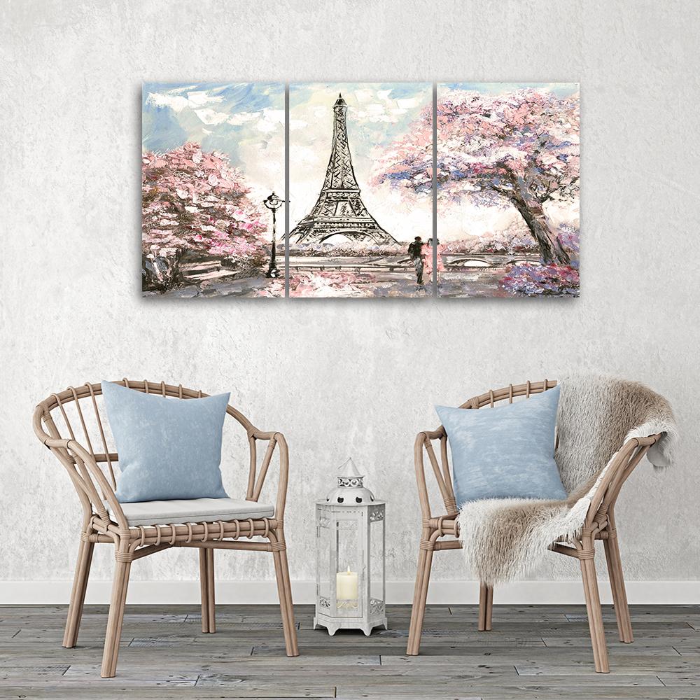 Three Piece Picture Canvas Print Eiffel Tower Pastel Pink