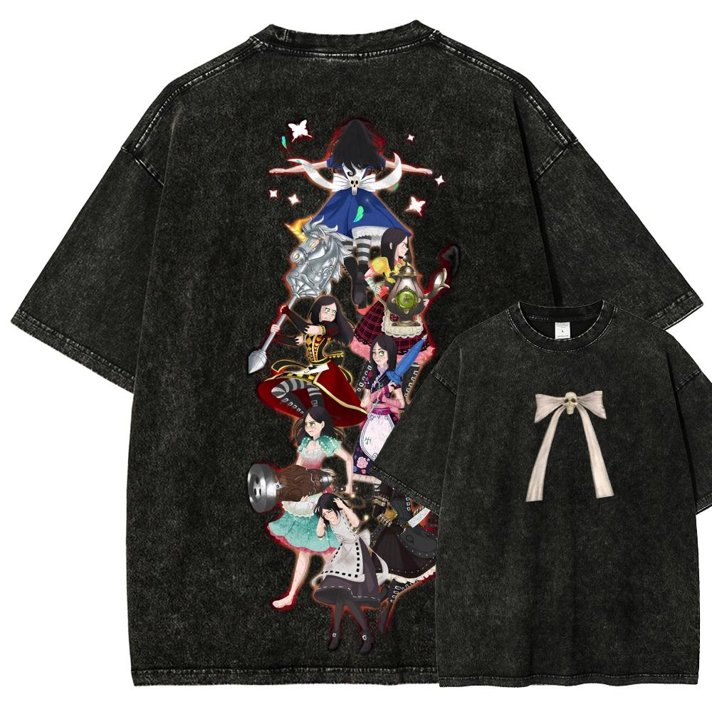 Camiseta Gráfica Lavada Vintage Alice Madness Returns Unisex Cuello Redondo Manga Corta Algodón Casual Streetwear Moda Camisetas Tops para Hombres Mujeres