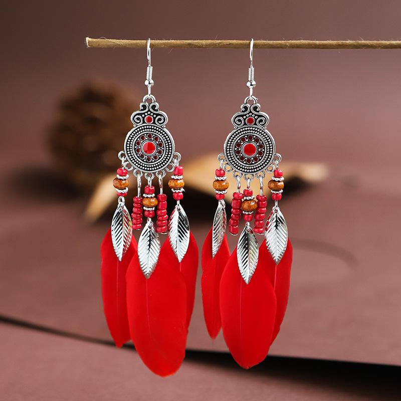 Bohemian Ethnic Feather Drop Earrings For Women Elegant Wood Beads Leaf Long Tassels Dangle Earring Girls Fashion Party Jewelry CDN