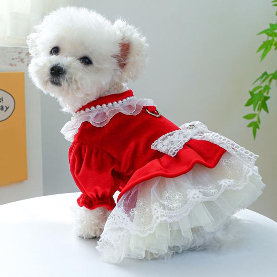 Charming Dog Princess Dress Bow Tie Lace Trim Breathable Mesh Stitching Chihuahua Dog Clothes for Small Dogs