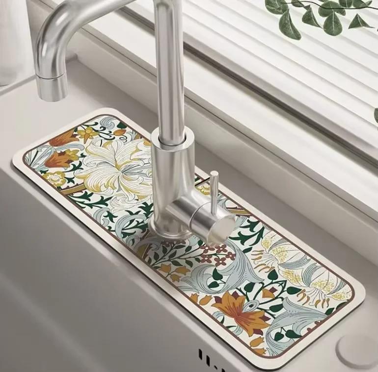 VIKAMA Luxury Floral Diatomaceous Earth Faucet Mat Water-Absorbing Sink Splash Guard Drip-Proof Bathroom Accessory Home Decor