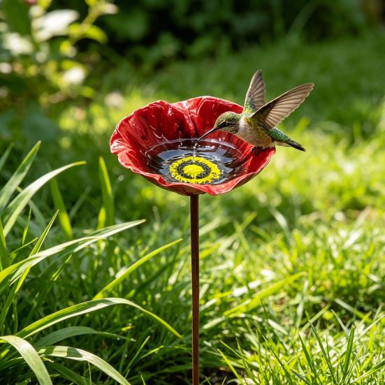 Metal Flower Yard Stake Handmade Bee Watering Station Ground Insert Bird Bath Feeder Butterfly Drinking Bowl Outdoor Decor for Garden Yard Lawn