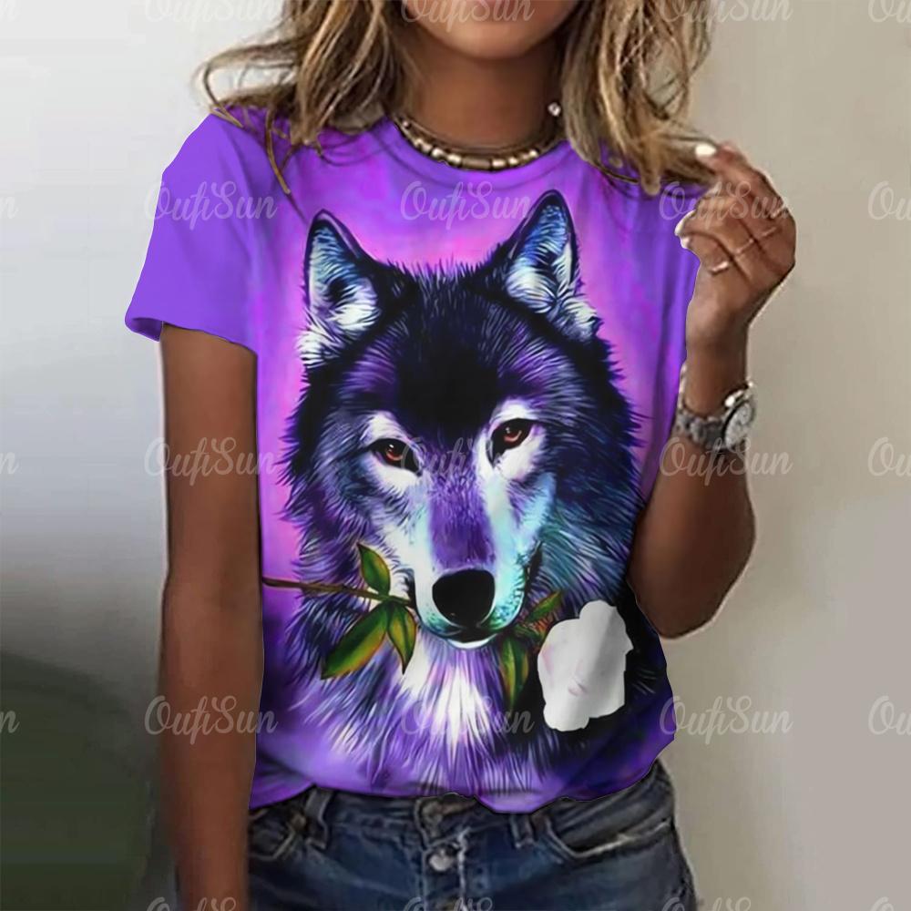 Neues T-Shirt für Damen 3D Wolf Print T-Shirts O-Ausschnitt Locker Kurzarm Bluse Damenmode Tiergrafik Tops Harajuku Streetwear