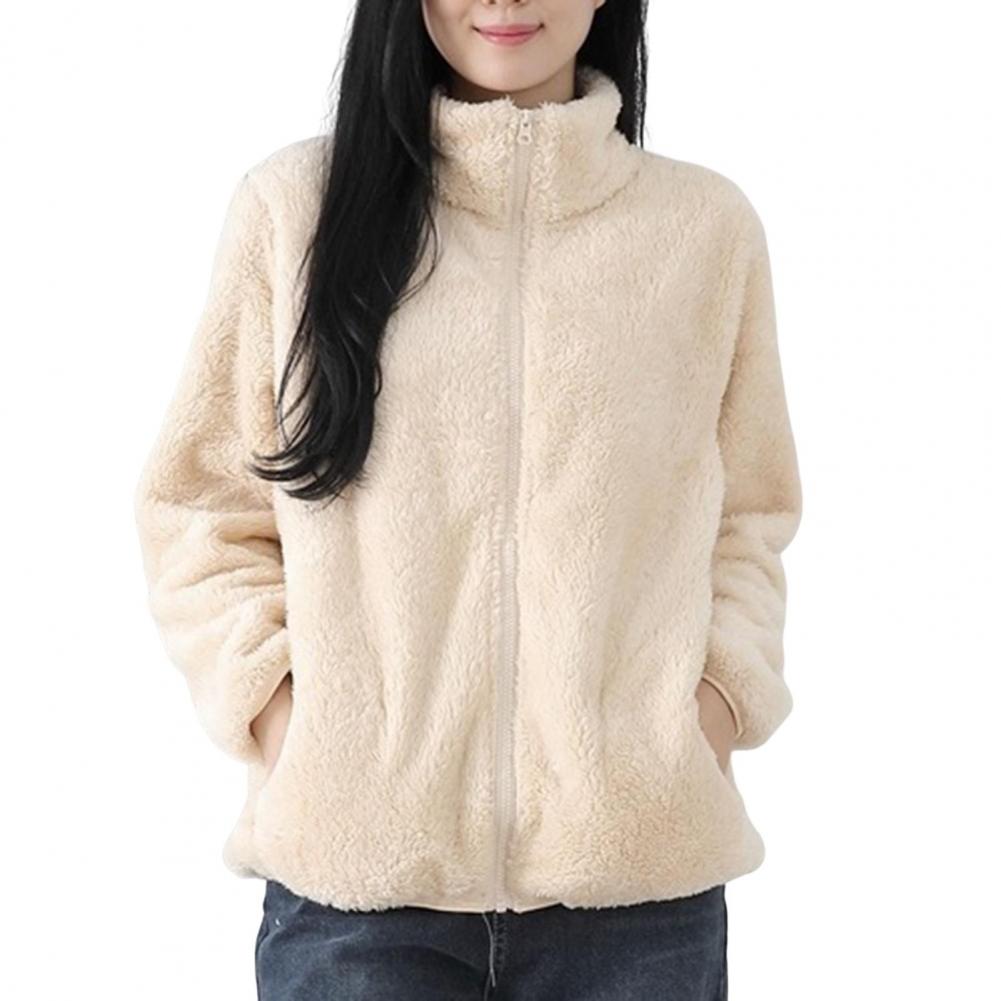 Women Winter Coat Thick Plush Stand Collar Neck Protection Keep Warm Long Sleeves with Pockets Outdoor Commuting Jacket