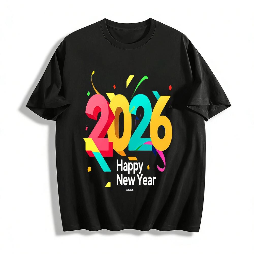 2026 New Year Themed Trendy Print Casual Loose Top For Men Women Pure Cotton T-shirt