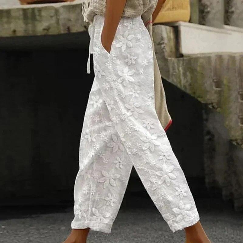 Elegant Loose White Drawstring Straight Trouser Casual Embroidery Cotton Linen Ankle-length Women Pants Elastic Waist Pant 26162