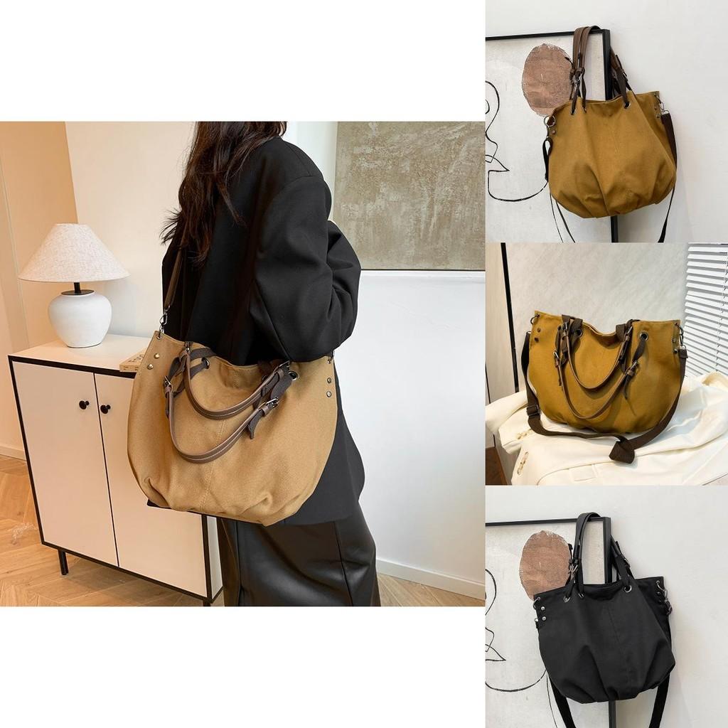 Chic Black And Khaki Canvas Tote Bag Vintage Fashionable Large Size Handbag