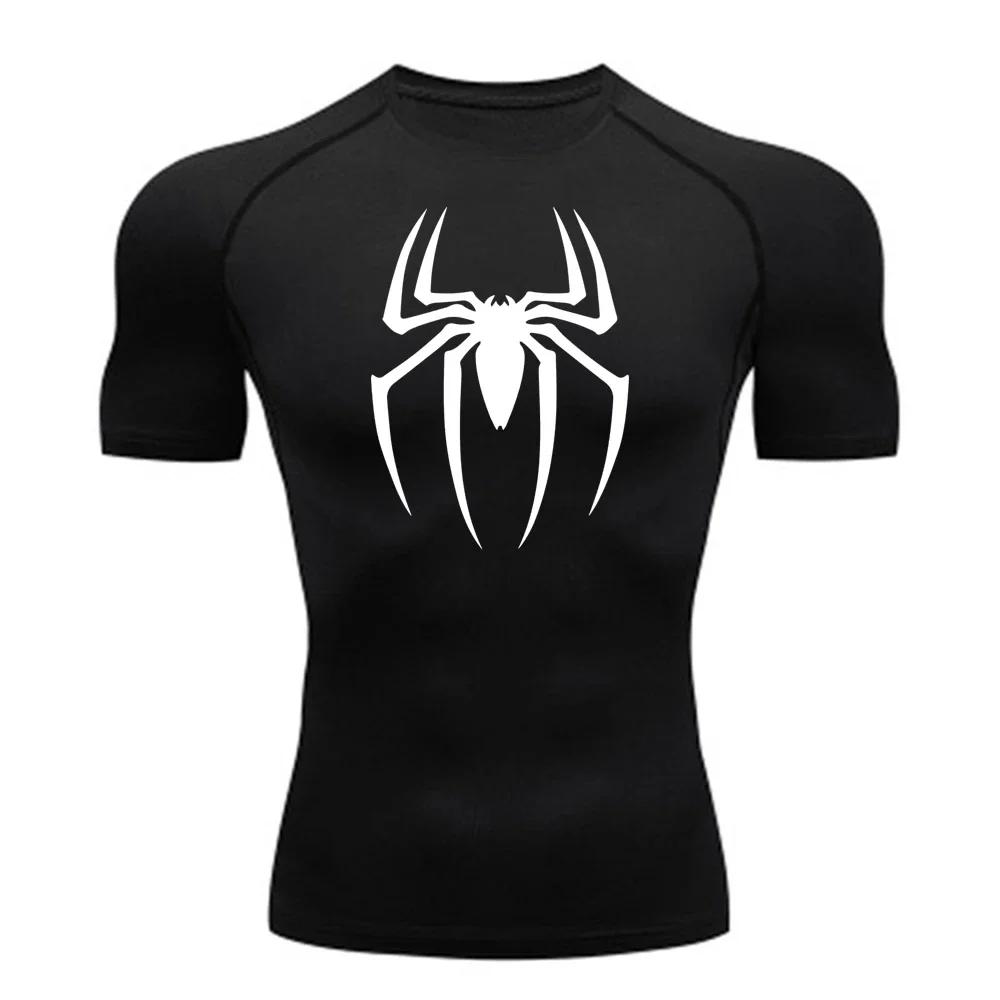 Men's Spider Print Compression Shirt, Quick Dry T-Shirt, Gym Running Jersey, Breathable Short Sleeve, Spring, Summer, S-3XL