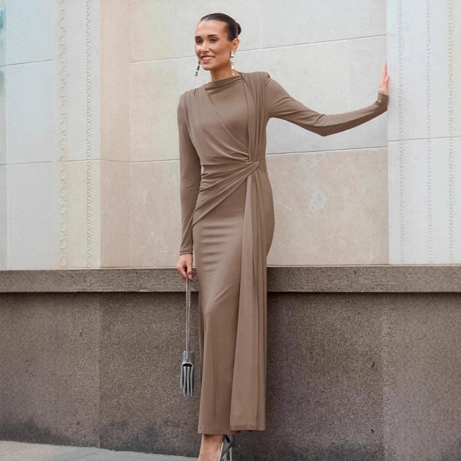 Women Twist Knot Draped Maxi Dress Boat Neck Long Sleeve Solid Color Elegant Dress