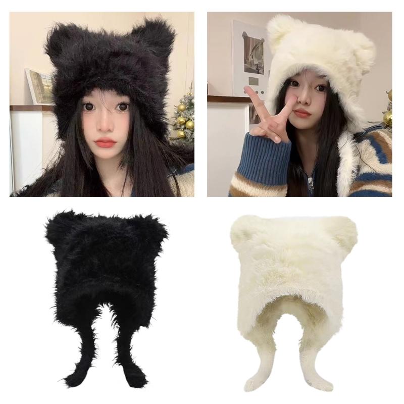 Winter Warm Plush Hat for Women Funny Bear Ear Hat Hooded Skull Hat Outdoor Activity Cap Windproof Headwear Pullover Hat