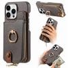 Ādas rāvējslēdzēja maciņš ar karšu turētāju, telefona maciņš priekš iPhone 16E 16 15 14 13 12 11 Pro Max XS XR 7 8 Plus gredzena kājiņas pārvalks