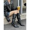 Fashion 2024 Fall New Pointy Retro Pleated Leather Boots High Heels Sleeve Boots Pointy But Knee Boots Skinny Heel Pile Women's Boots