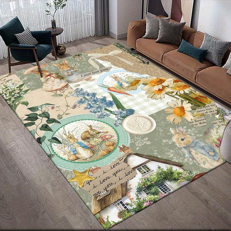 Peter Rabbit Flannel Printed Carpet, Home Sofa Decoration for Living Room & Bedroom, Non‑Slip Play Flannel Floor Mat for Game Room