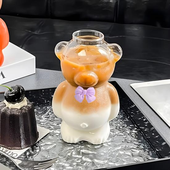 Bear Glass Cup with Straw 320ml Juice Milk Tea Smoothies Drinking Cup