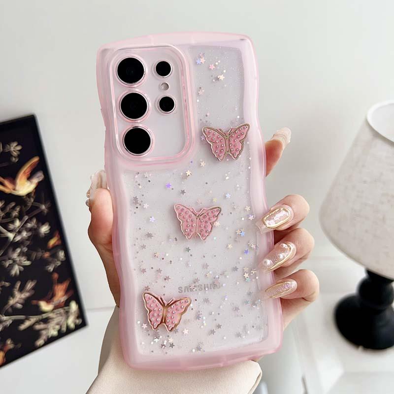 Applicable to Samsung s25 mobile phone case, Epoxy glitter s23 wavy butterfly A05 anti-drop A73 transparent protective case