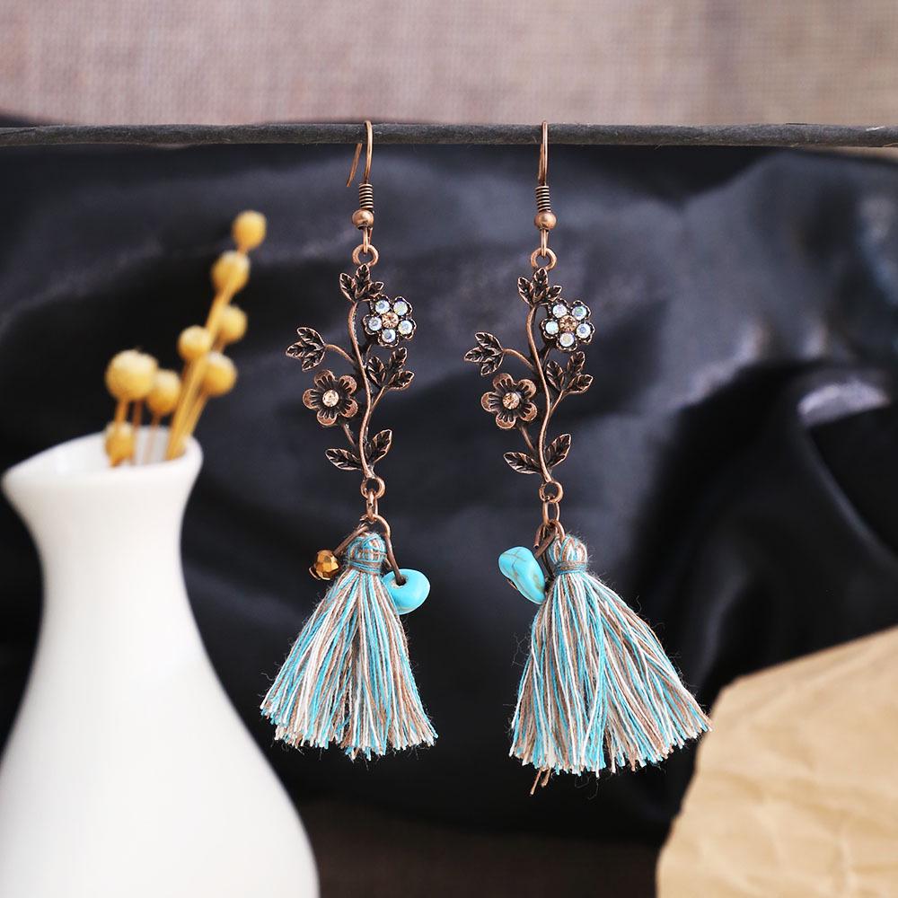 Turquoise Bohemian Owl & Palm Bronze Carved Dreamcatcher Earrings for Women