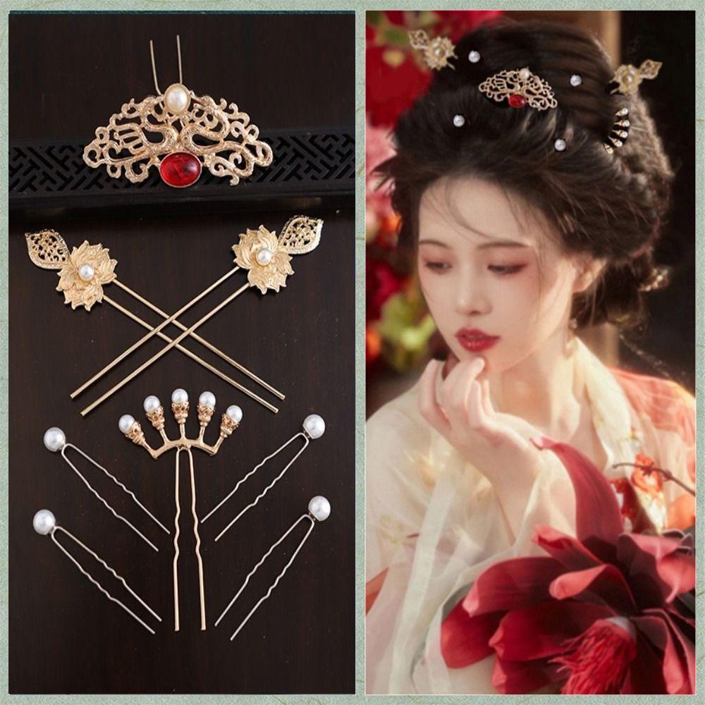 Vintage Handmade Hanfu Hair Stick Set Luxury Pearls Chinese Style Hairpin Set Ancient Princess Women Hair Jewelry Headdress