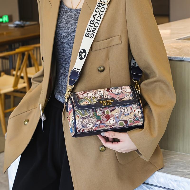 Small Bear Jacquard Shoulder Bag, Cartoon Flap Cylinder Purse, Women's Wide Strap Crossbody Bag (8.66*5.51*4.33) Inch