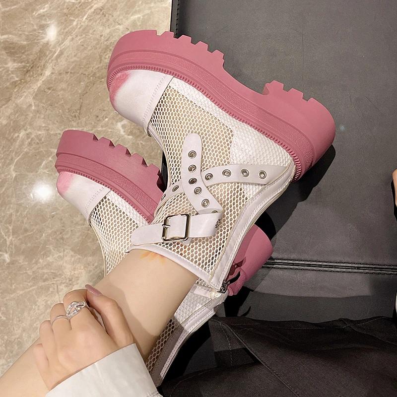Fashion 2024 New  Hollow Fashion Boots Women's Summer Thin Mesh Breathable High Heel Thick Heel White Cool Boots Women's Sandals