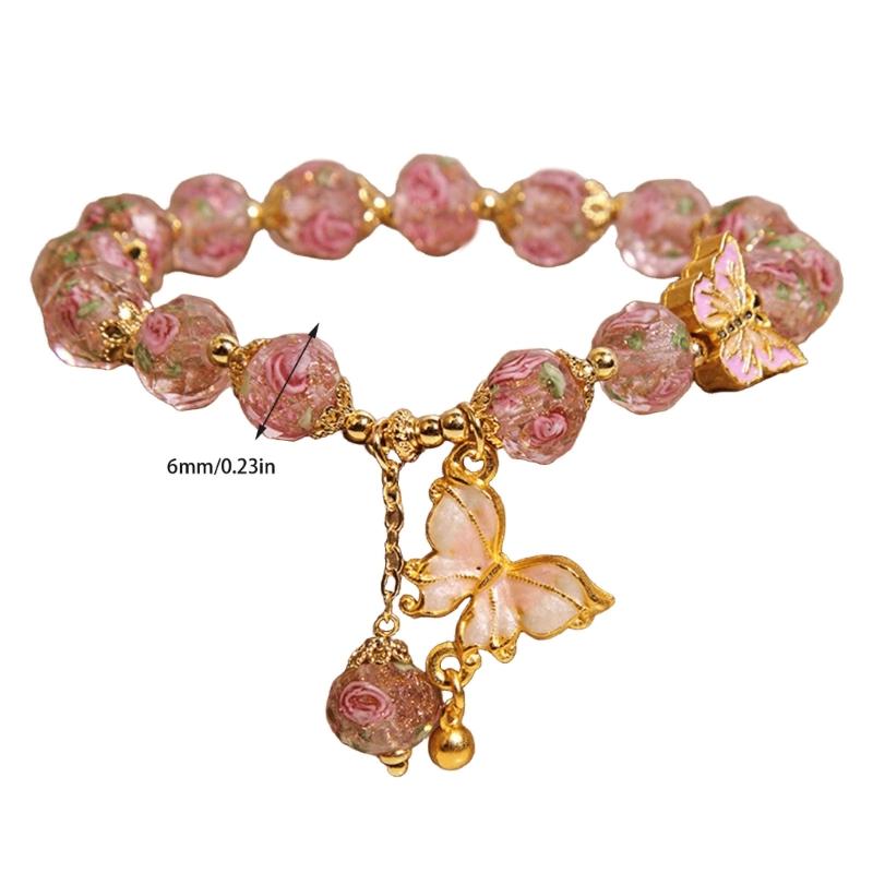 Nature Glass Bead Bracelet Adorned with Butterfly Pendant and Rose Garden Charm for All Day Comfort and Elegant Styles