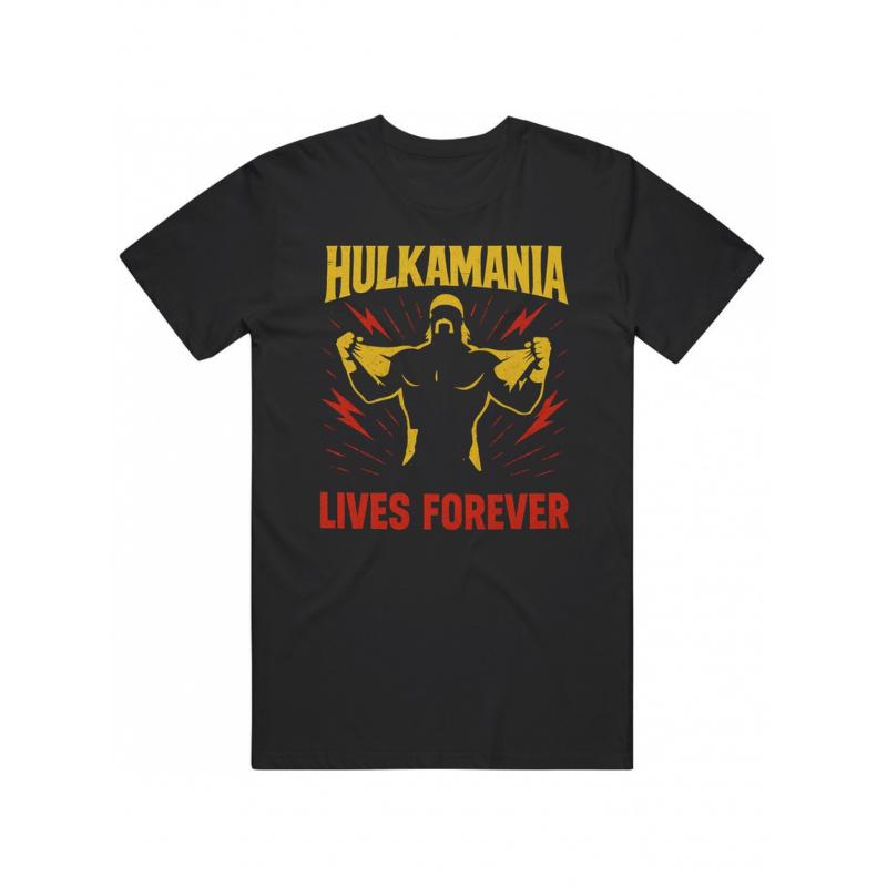 Hulkamania lever för evigt Hogan-fans T-shirt - Svart med djärvt gult och rött grafiskt tryck, Herrkortärmad T-shirt, Casualkläder för alla säsonger,
