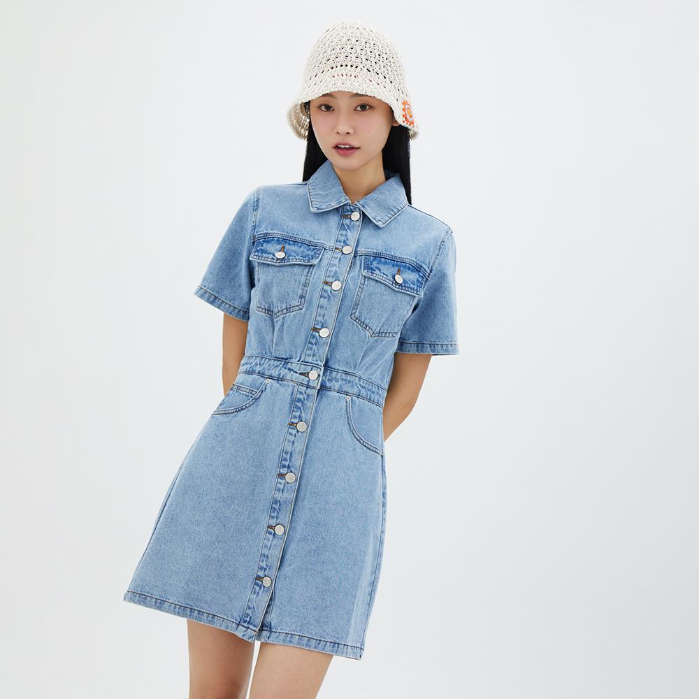 Rap Short Sleeve Shirt-Style Mini Denim Dress Ar2Do460