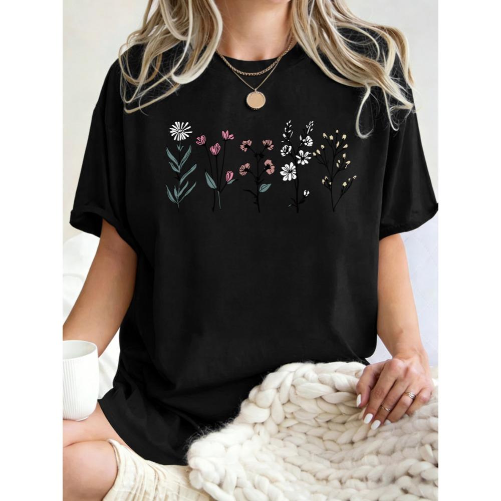 All Kinds Of Beautiful Flowers Printed T-Shirt Women Cotton Loose T Shirts Summer Clothing Comfortable Y2K Streetwear