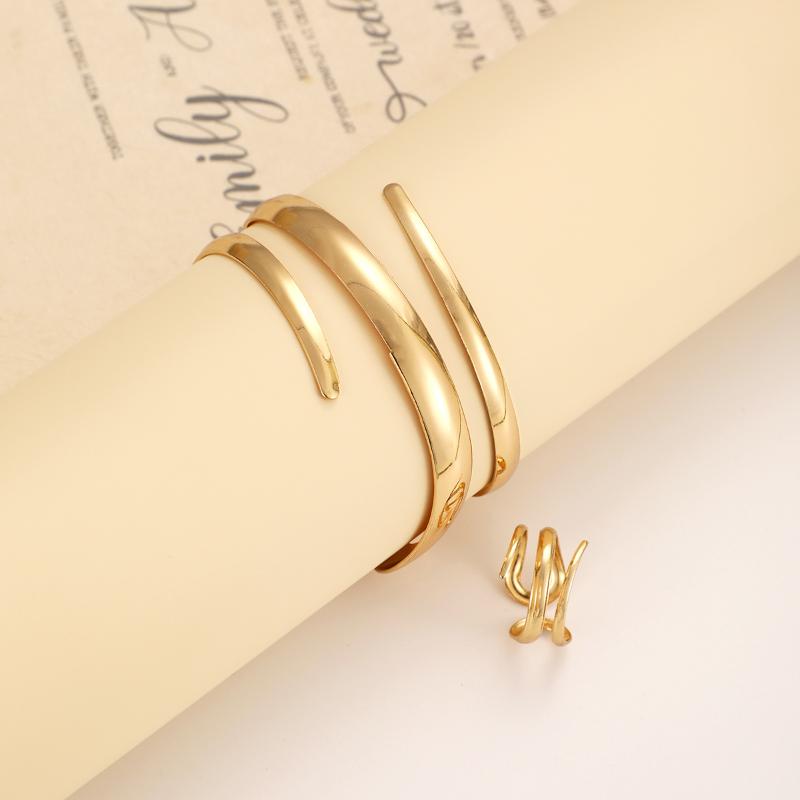 2 Pcs Set Exaggeration Personality Gold Color Spiral Multilayer Bracelet Ring For Women Party Commuting Charms Jewelry Sets Gift