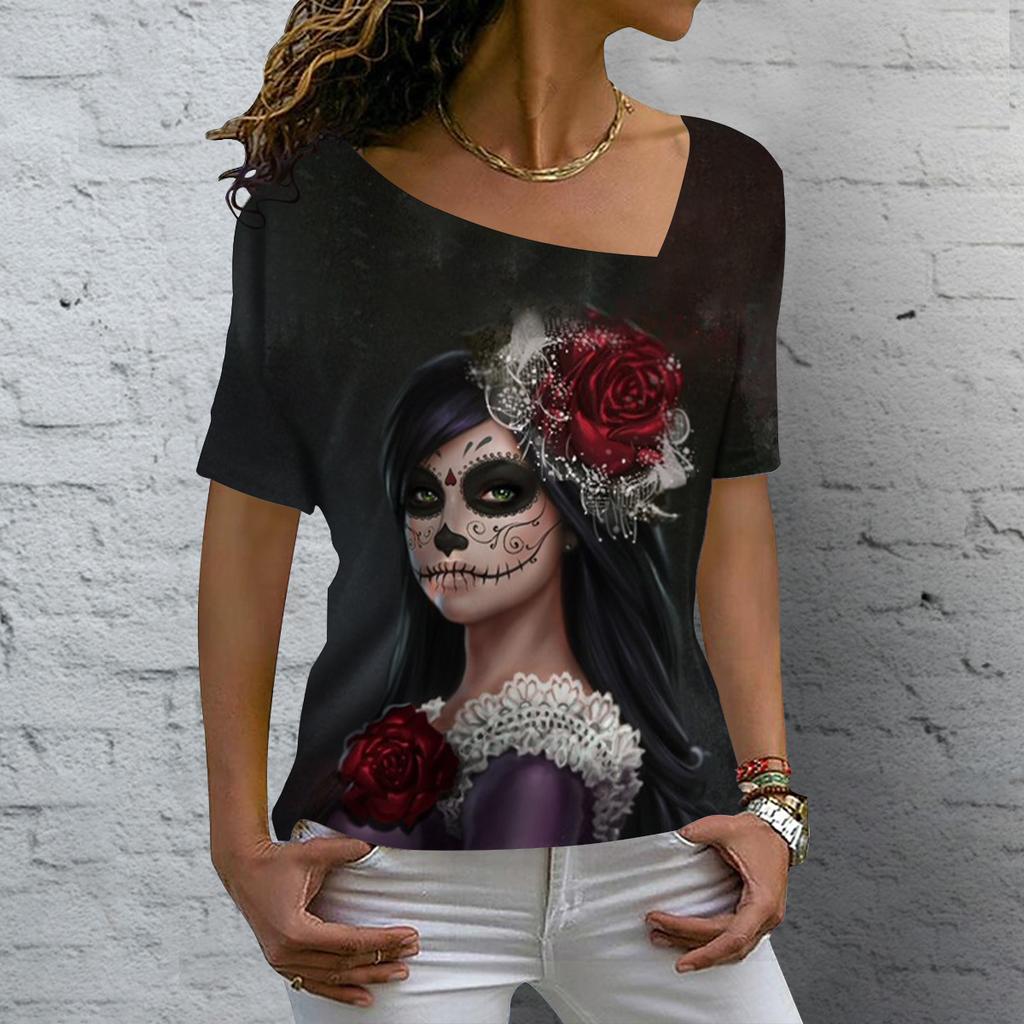 2023 Summer Vintage Skull Face Women's T Shirt Tops V Neck Casual Cotton Short Sleeve Pullover Female Harajuku Punk Streetwear