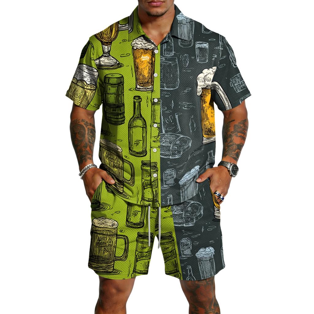 Men's Casual Short Sleeve Shirt and Shorts Set Beer Festival Print Button Down Shirt Lightweight Summer Outfit Relaxed Fit