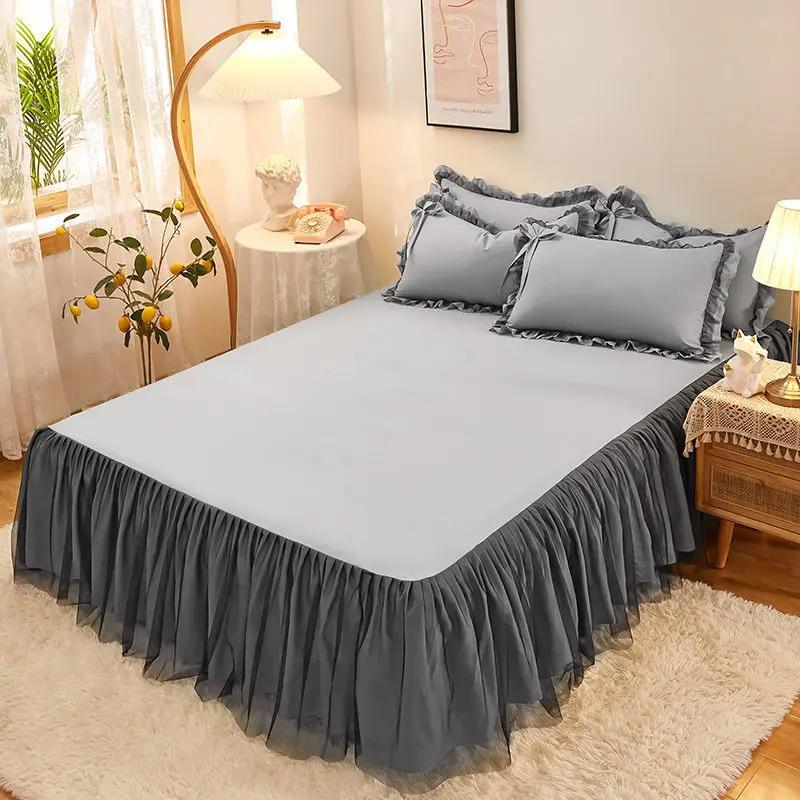 Four Season Universal Solid Color Bedspread Black Lace Large Skirt Hem Bed Cover Dust Proof Anti Slip Bedding Comfortable Sheets