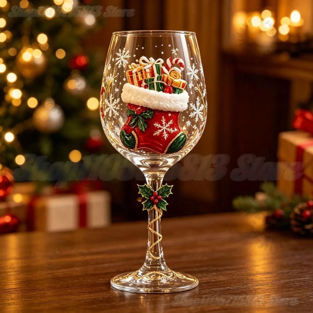 Novelty Christmas Wine Glasses Single & 6Pcs Gift Box Set,Christmas Stocking Tree Wreath Goblet for Christmas Party Decoration