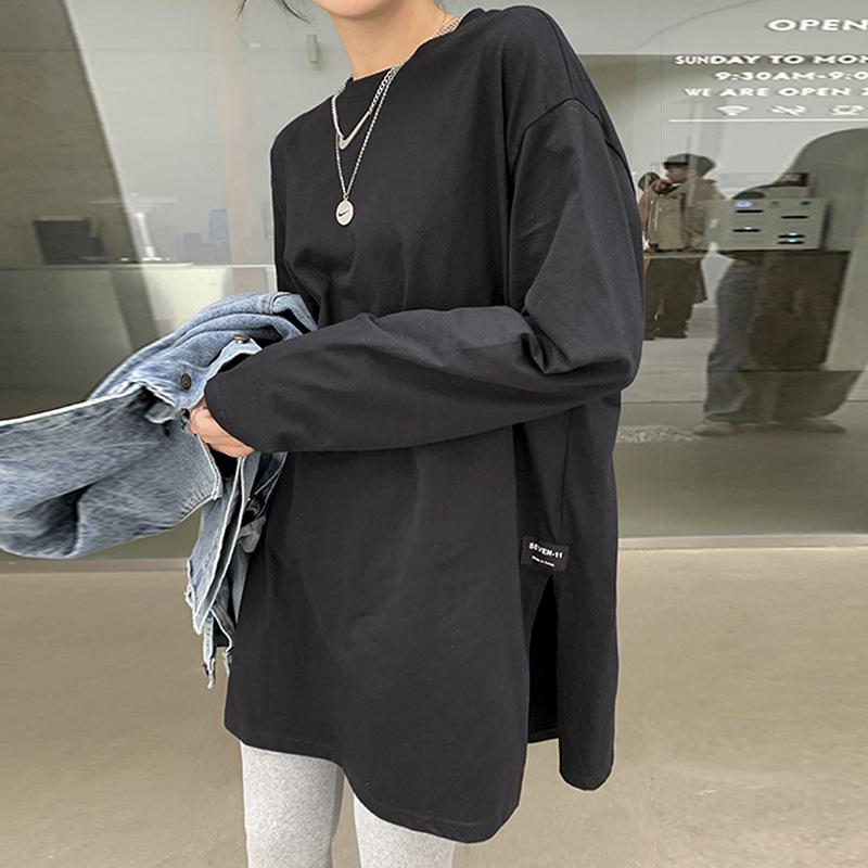 Women's Solid Color Split Long-Sleeved T-Shirt Korean Spring Autumn Ladies Casual Loose Tops Bottoming White Shirts