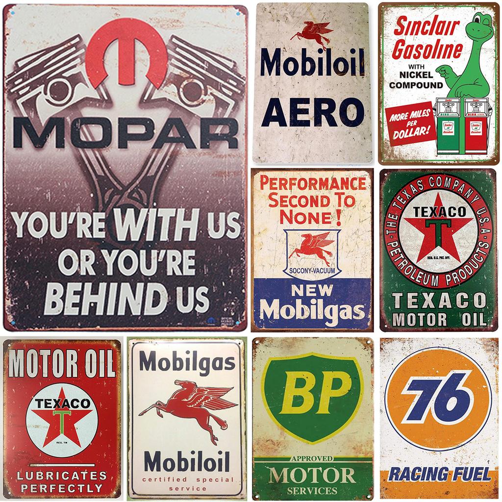 Hisun Tin Sign Vintage Mopar Mobil Texaco BP Gas Oil Brand Logo Tin Signs Set Retro Auto Garage Metal Wall Art Rustic Decor Plaques for Wor