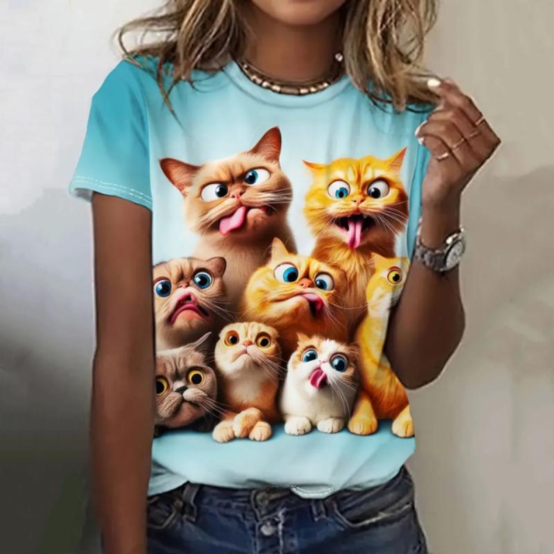 Cute Cat Printed Women's T-Shirt Summer Round Neck Short Sleeved Top Casual Plus Size Clothing Kawaii Animal For Woman T-Shirts